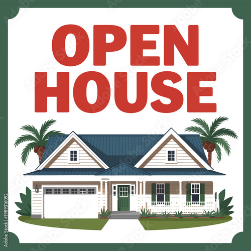 Open house sign features a suburban dwelling illustration to advertise real estate market listings.