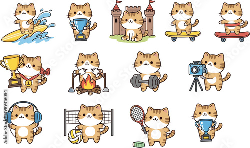 Cute cat activities set kawaii cartoon kitten sports hobbies achievements vector illustration