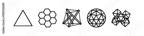 Line art icons of geometric shapes and structures: pyramid, hexagon, truss, sphere, cluster
