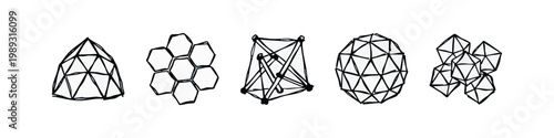 Collection of geometric and structural icons: pyramid, hexagon array, truss, geodesic dome, clustered dodecahedrons