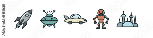 Rocket, UFO, Car, Robot, and Futuristic City Icons: Color