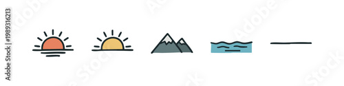 Vibrant hand-drawn icons of nature elements: sun, mountains, water, and a line.