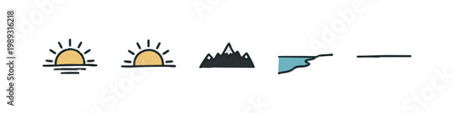 Simple hand-drawn icons of nature elements: sun, mountains, water, and a line.