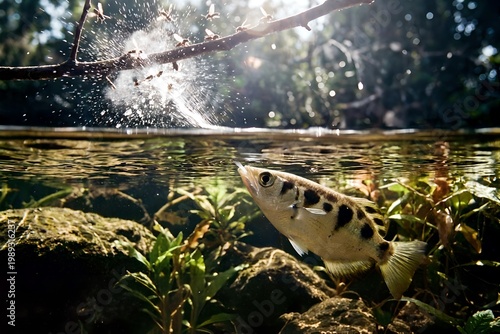  Archer fish predation technique of shooting down land-based insects and other small prey with jets of water 