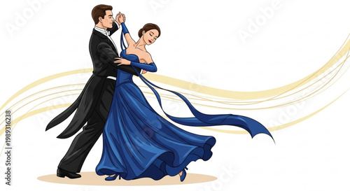 Elegant couple dancing waltz in formal attire man in black suit and woman in blue dress romantic movement with flowing fabric white background