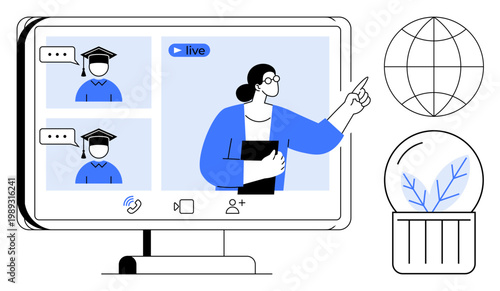 Online education, virtual training, e-learning, remote teaching, knowledge sharing, digital classrooms. A teacher instructing via a video call with graduates and global symbols. Online education