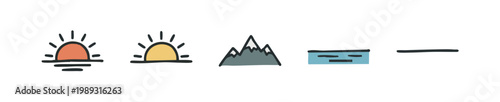 Colorful hand-drawn icons of nature elements: sun, mountains, water, and a line.