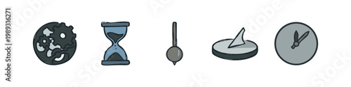 Colored icons for timekeeping and science: gears, hourglass, pendulum, sundial, clock.