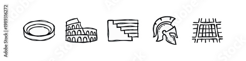 Black and white hand-drawn icons representing ancient Rome: circle, coliseum, steps, helmet, grid.
