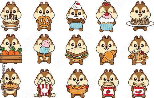 Cute chipmunk characters with food set kawaii cartoon animals eating snacks vector illustration
