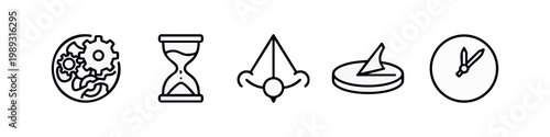 Line art icons for timekeeping and science: gears, hourglass, pendulum, sundial, clock.