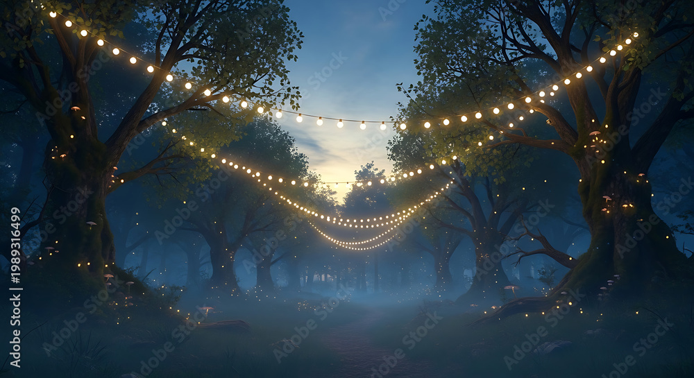 Fototapeta premium Mystical forest clearing at twilight with glowing string lights draped between old trees and low mist rolling over ground in blue fantasy landscape setting with mushrooms growing on gnarled trunks.