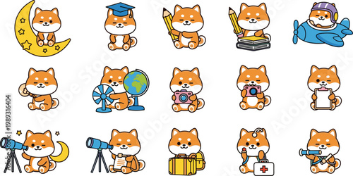Cute dog activities set kawaii cartoon puppy learning travel work hobbies vector illustration