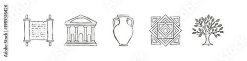Ancient history and culture icons: scroll, temple, amphora, geometric pattern, tree