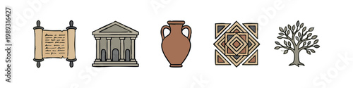 Colorful icons of ancient history and culture: scroll, temple, amphora, geometric pattern, tree