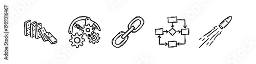 Business and process icons: domino effect, gears, chain link, flowchart, rocket