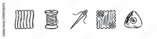 Sewing and craft icons: fabric scraps, thread spool, needle and thread, fabric sample, chalk