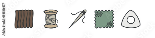 Colored icons for sewing and crafts: fabric scraps, thread spool, needle and thread, fabric sample, chalk