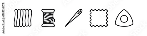 Outline icons for sewing and crafts: fabric scraps, thread spool, needle and thread, fabric sample, chalk