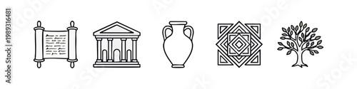 Outline icons of ancient history and culture: scroll, temple, amphora, geometric pattern, tree