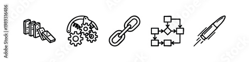Outline icons for business and processes: domino effect, gears, chain link, flowchart, rocket