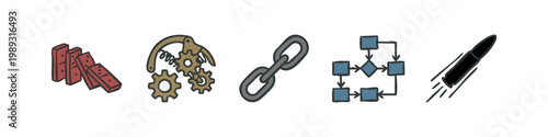 Colored icons for business and processes: domino effect, gears, chain link, flowchart, rocket