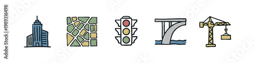 City and construction icons: skyscraper, map, traffic light, bridge, crane