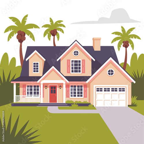 Residential house with palm trees in the yard showcases a peaceful suburban lifestyle for families.