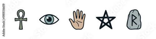 Esoteric and Spiritual Doodle Symbols: Ankh, Eye, Open Hand, Pentagram Star, and Rune Stone.