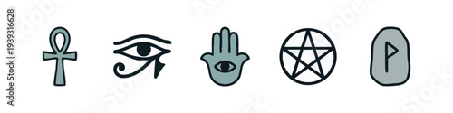 Ancient Mystical Symbols Doodle Set: Ankh, Eye of Horus, Hamsa Hand, Pentagram in Circle, and Rune Stone.
