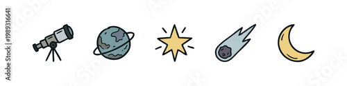 Colorful icons of space exploration, celestial bodies, and cosmic phenomena
