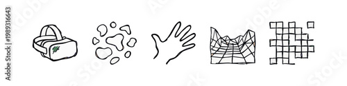 Hand-Drawn Virtual Reality and Digital Concept Icons: VR Headset, Blobs, Hand, Grid Landscape, and Pixels.