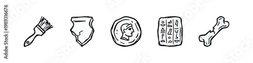 Hand-Drawn Archaeology and Ancient History Icons: Brush, Pottery Shard, Coin, Hieroglyphs, and Bone.