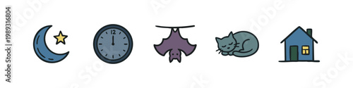 Night and sleep icons: moon, clock, bat, cat, house