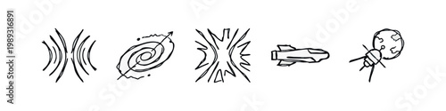 Space and exploration icons: sound waves, galaxy, explosion, rocket, satellite
