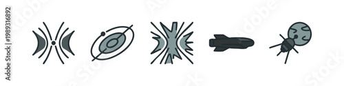 Space and exploration icons: sound waves, galaxy, explosion, rocket, satellite (colored)