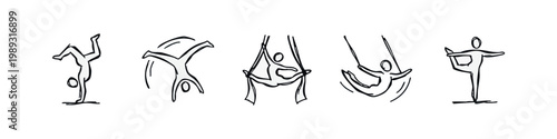 Gymnastics and aerial acrobatics icons: handstand, flip, aerial silks, swing, yoga pose
