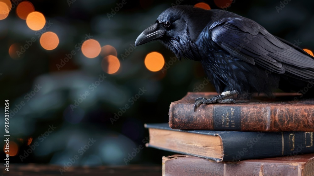 Fototapeta premium Black raven perched on a stack of antique books with a blurred bokeh background creating a mysterious atmosphere