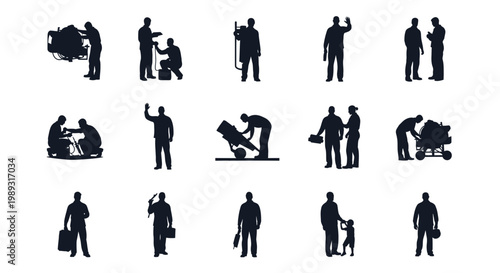 Dynamic graphic set featuring a range of silhouette icons, representing diverse professional activities, industrial work, and collaborative business interactions for modern design concepts