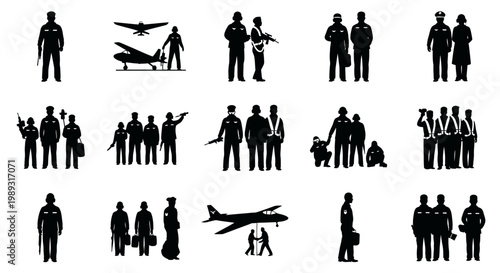 Diverse group of professionals and personnel in various settings, including aviation and security contexts, depicted as silhouettes