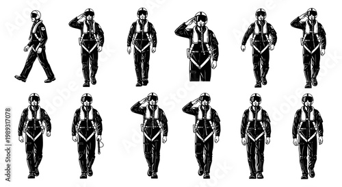A collection of sequential illustrations depicting an individual in an aviator suit performing various saluting gestures and walking