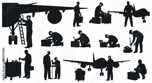 Silhouette illustrations of mechanics working on airplanes, illustrating aviation maintenance and repair services