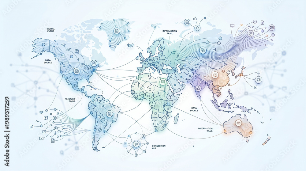 Fototapeta premium Global Digital Information Network Map with Data Flow Lines and Connection Points