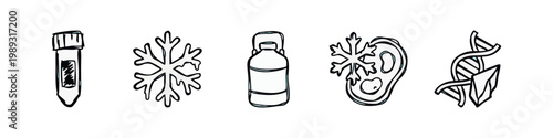 Hand-drawn icons related to science and medicine: test tube, snowflake, container, ear, DNA.