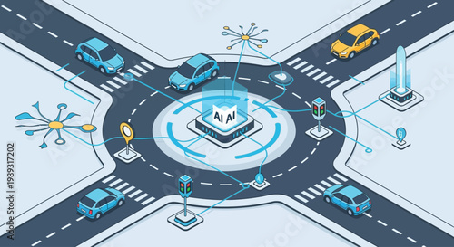 Isometric illustration of a smart city intersection with a central data hub, connected autonomous vehicles, and intelligent traffic management systems.