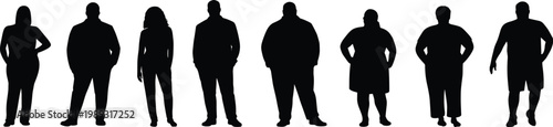Human body silhouettes, diverse body shapes, standing people vector, fitness illustration, obesity awareness design, health diversity concept, black silhouette art