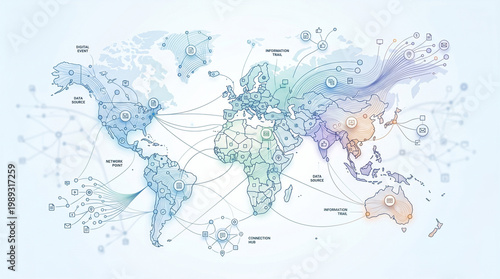 Global Digital Information Network Map with Data Flow Lines and Connection Points
