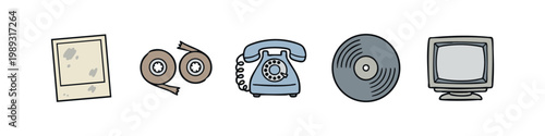 Doodle Icons: Photo, Cassette Tape, Rotary Phone, Vinyl Record, Computer Monitor
