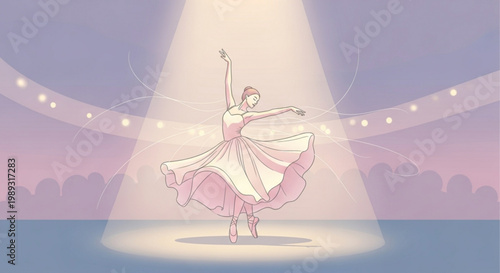Ballet dancer performing on stage under spotlight in pink dress with string lights
