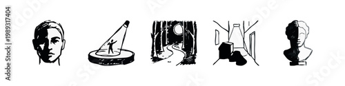 Art and abstract icons: portrait, spotlight, forest path, geometric shapes, bust